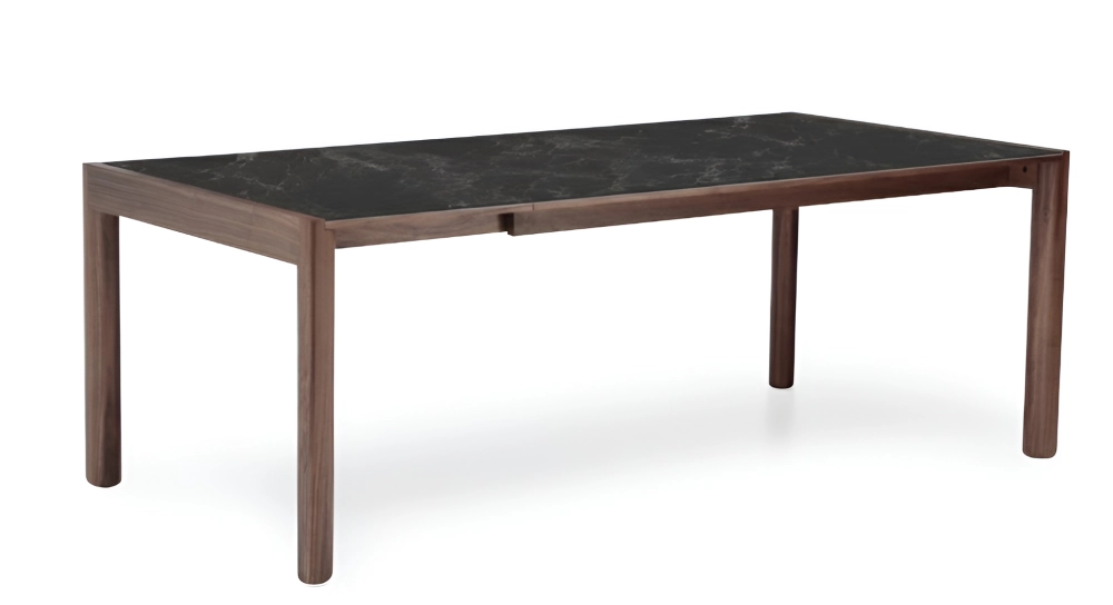 Table extensible 8 à 14 personnes en noyer et céramique allonges céramique bois teinte naturelle et céramique effet ardoise 210x100 cm