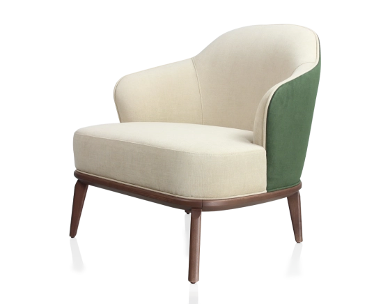 Fauteuil design tissu vert forêt et crème