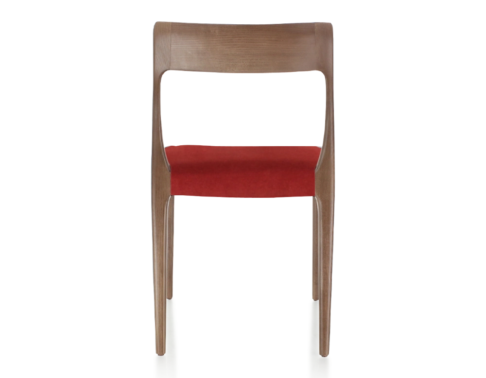 Chaise scandinave bois teinte marron foncé assise tissu bordeaux Chaise scandinave bois teinte marron foncé assise tissu bordeaux