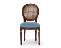 Chaise ancienne style Louis XVI bois teinte marron foncée dossier canné assise tissu bleu jean Chaise ancienne style Louis XVI bois teinte marron foncée dossier canné assise tissu bleu jean