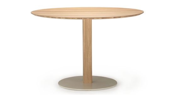 Round oak dining table for 6 people by Maison Saulaie natural finish wood top 120x120