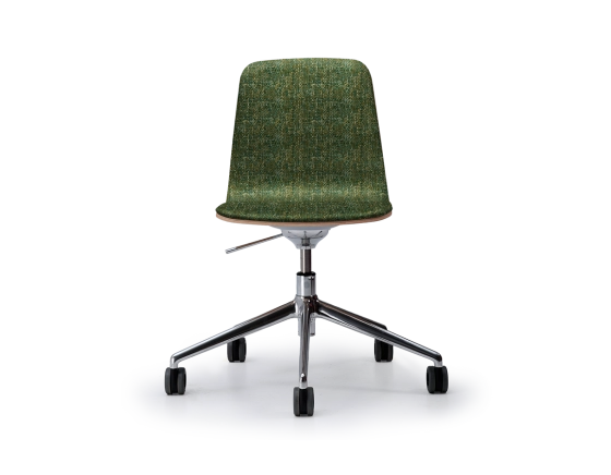 Design office chair aluminum metal base with casters, seat in green mottled fabric