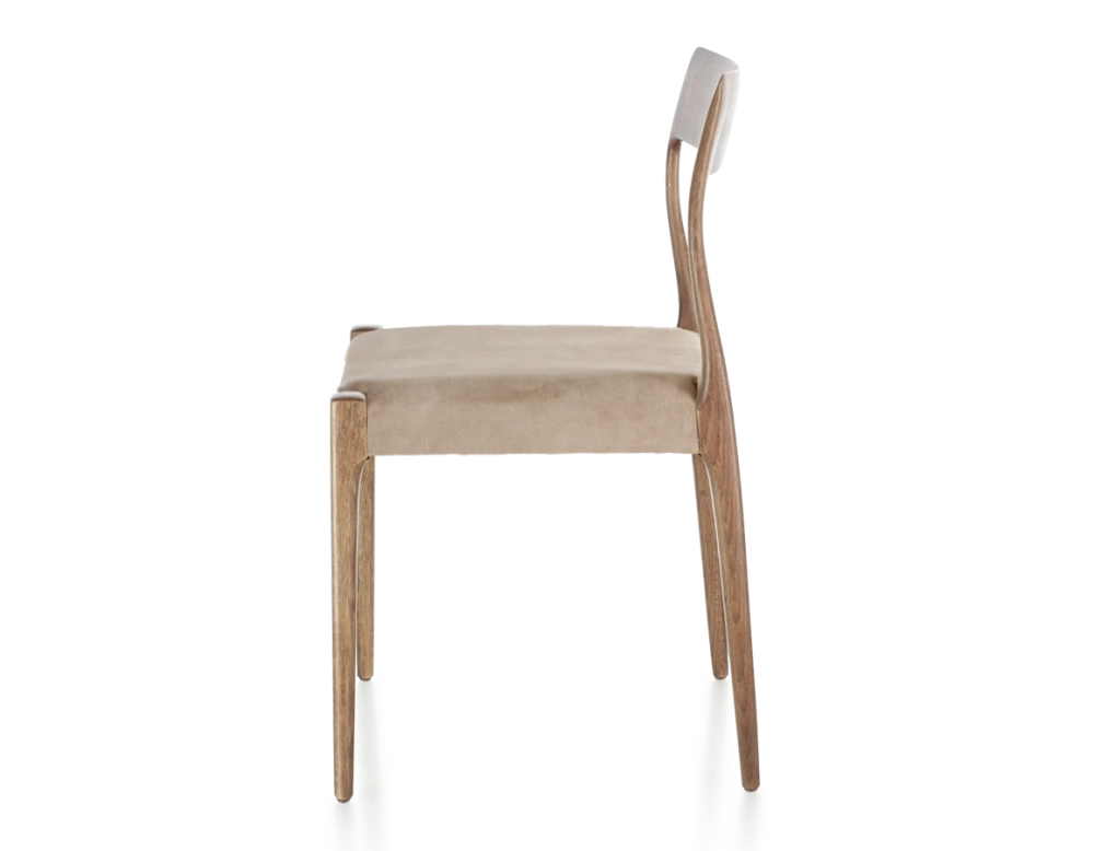 Chaise scandinave bois teinte noyer assise tissu velours taupe clair Chaise scandinave bois teinte noyer assise tissu velours taupe clair