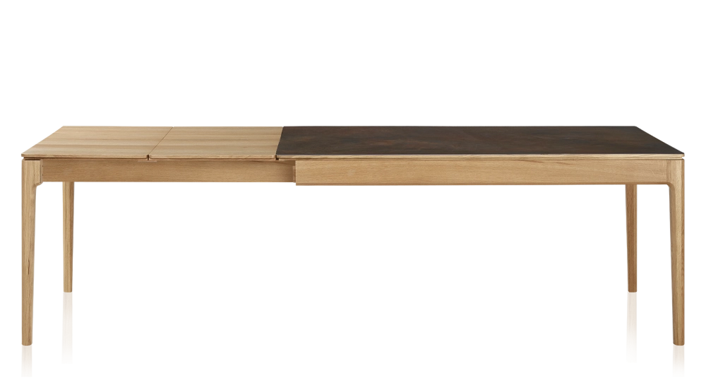 Table extensible 6 à 10 personnes en chêne et céramique allonges bois avec bois teinte naturelle et plateau céramique brun oxydé 160x90 cm Table extensible 6 à 10 personnes en chêne et céramique allonges bois avec bois teinte naturelle et plateau céramique brun oxydé 160x90 cm