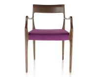 Chaise scandivave avec accoudoirs bois teinte marron foncé assise tissu violet