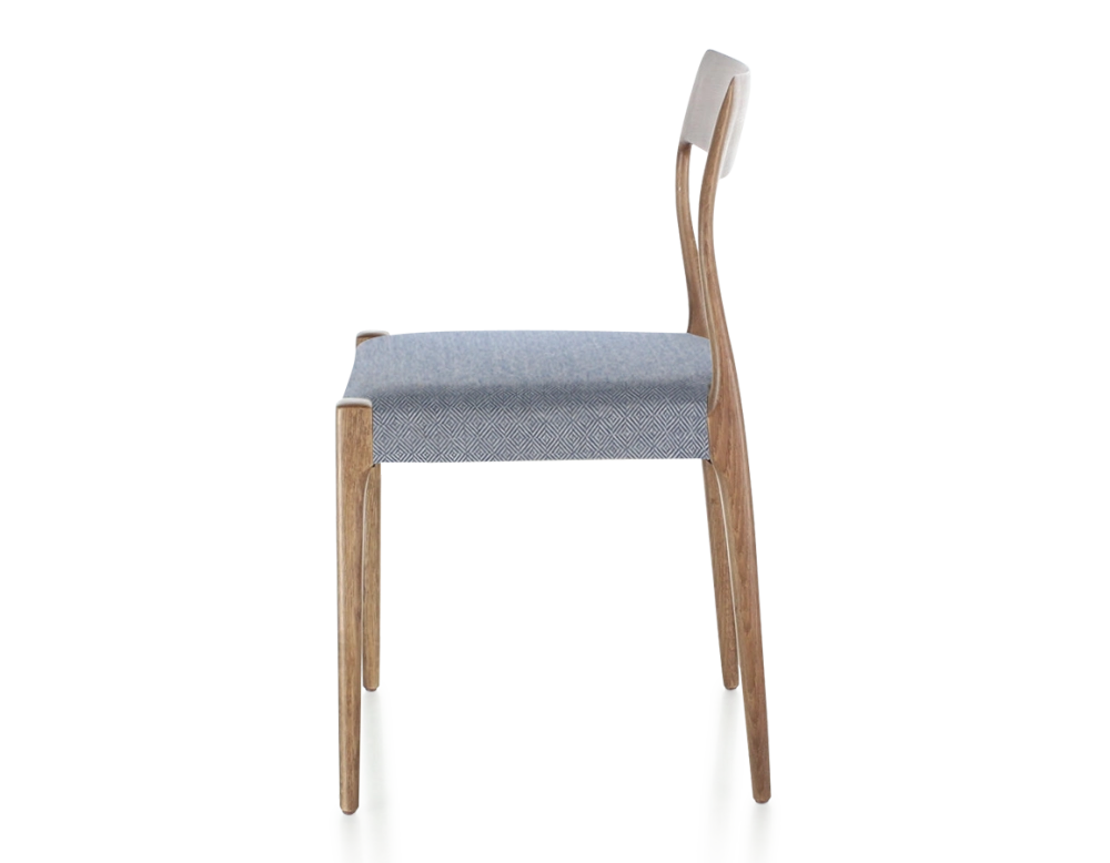 Scandinavian chair walnut-stained wood, blue chevron fabric seat Scandinavian chair walnut-stained wood, blue chevron fabric seat