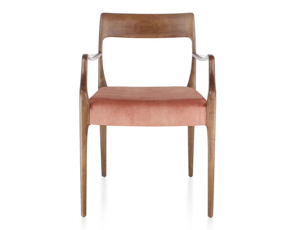 Chaise scandinave avec accoudoirs bois teinte noyer assise tissu velours rose pâle Chaise scandinave avec accoudoirs bois teinte noyer assise tissu velours rose pâle