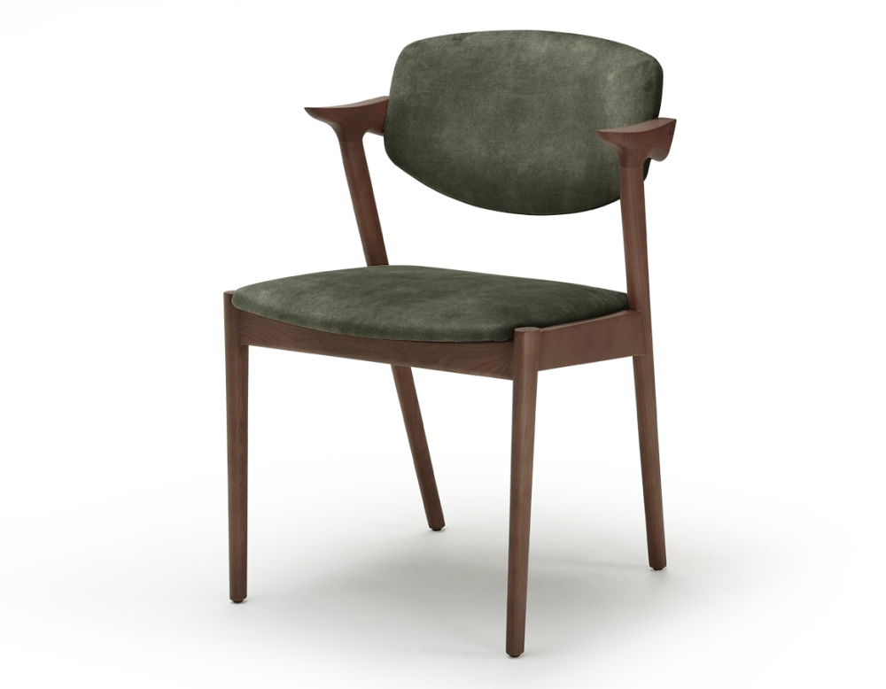 Chaise scandinave bois teinte noyer assise tissu velours vert forêt Chaise scandinave bois teinte noyer assise tissu velours vert forêt
