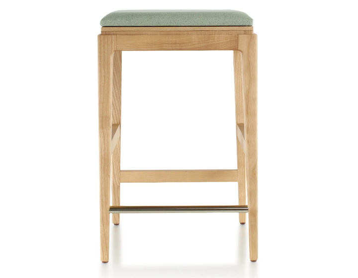 H60 cm designer bar stool natural tint wood, sage green leather seat H60 cm designer bar stool natural tint wood, sage green leather seat
