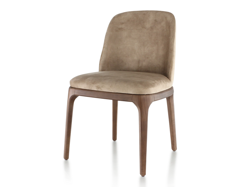 Designer chair dark brown stained wood and light taupe velvet fabric Designer chair dark brown stained wood and light taupe velvet fabric