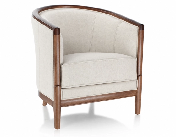 Fauteuil ancien bois teinte foncée et tissu beige clair