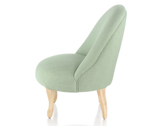 Fauteuil crapaud sans accoudoirs pieds bois teinte naturelle et tissu vert sauge
