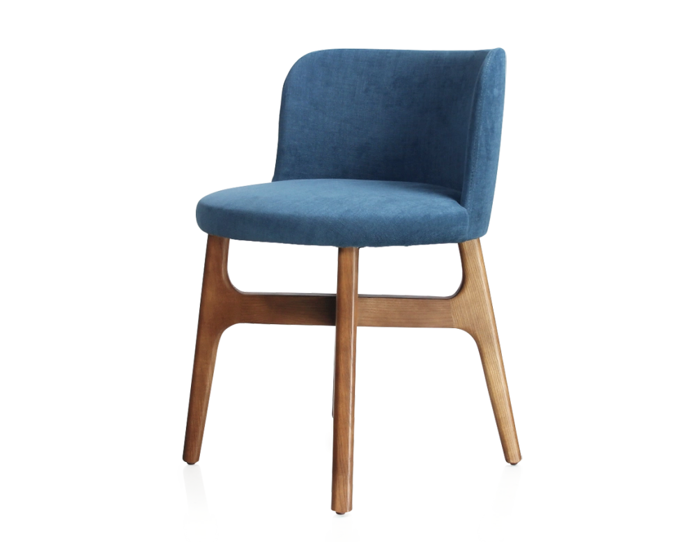 Designer chair cherry-stained wood, denim-blue fabric seat Designer chair cherry-stained wood, denim-blue fabric seat