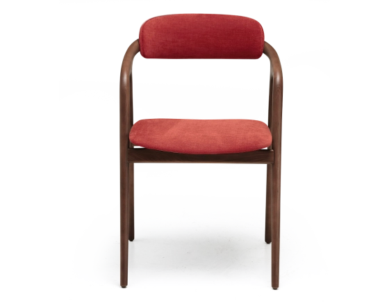 Chaise scandinave bois teinte noyer assise tissu beige orange brulé