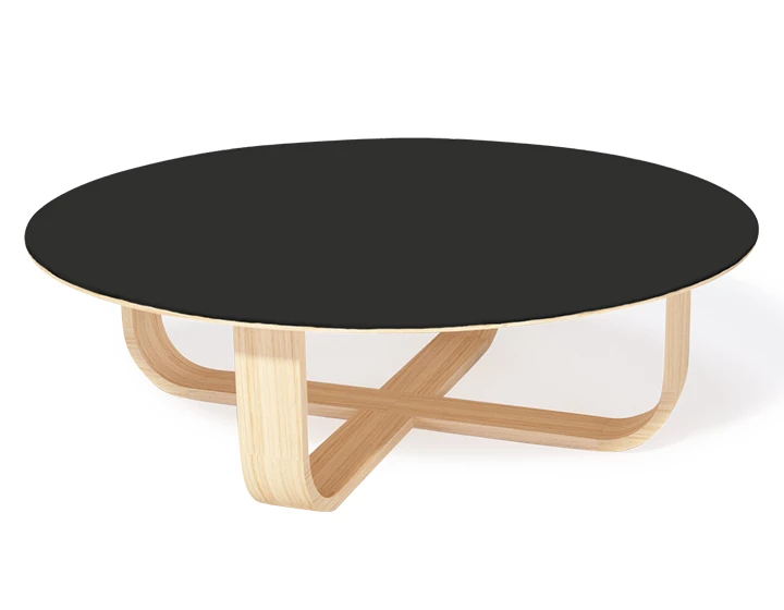 Table basse ronde en chêne et céramique avec bois teinte naturelle plateau céramique noir unie 100 cm