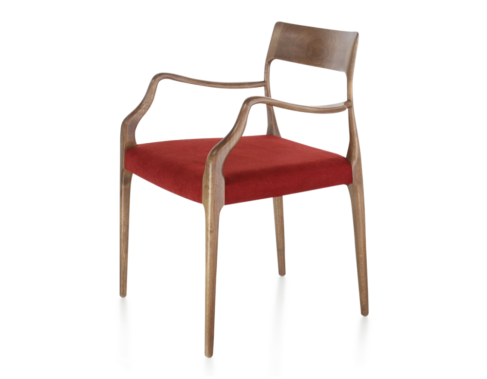 Chaise scandinave avec accoudoirs bois teinte noyer assise tissu bordeaux Chaise scandinave avec accoudoirs bois teinte noyer assise tissu bordeaux