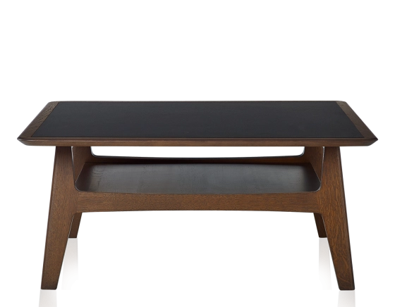 Square coffee table in oak and ceramic with dark brown stained wood, plain black ceramic top 100x100 cm