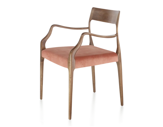 Scandinavian armchair with armrests wood stained walnut seat pale pink velvet fabric