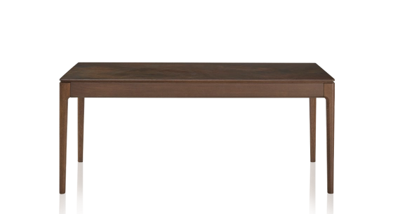 Table salle à manger en chêne et céramique 8 personnes avec bois teinte marron foncé et plateau céramique brun oxydé 180x100 cm