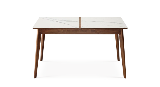 Extending table for 6 to 10 people in walnut and ceramic with wooden extensions with natural stained wood and black marble effect ceramic top 140x90 cm