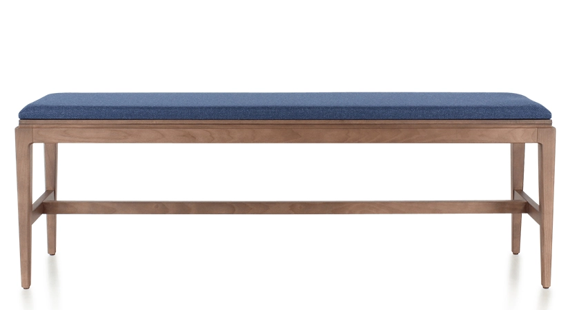 Banc design bois teinte noyer assise tissu bleu marine L120 cm Banc design bois teinte noyer assise tissu bleu marine L120 cm