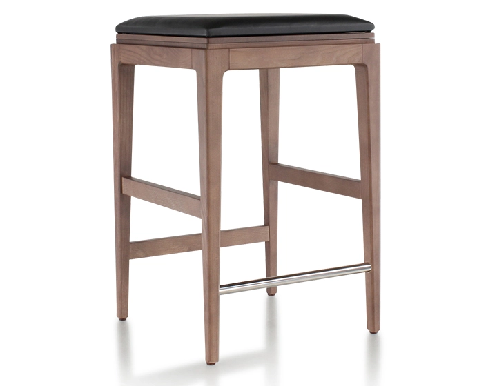 H60 cm designer bar stool walnut stained wood, ebony leather seat H60 cm designer bar stool walnut stained wood, ebony leather seat