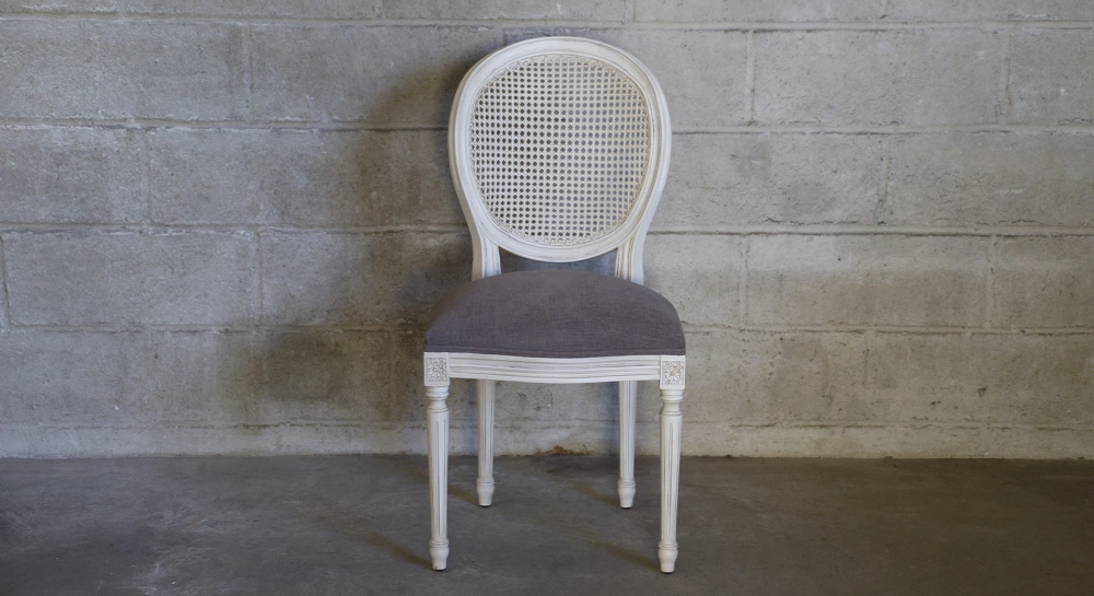 Louis XVI style antique chair wood antique stain and navy blue fabric