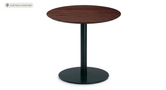Table bistrot plateau en noyer naturel, pied métal vert foncé