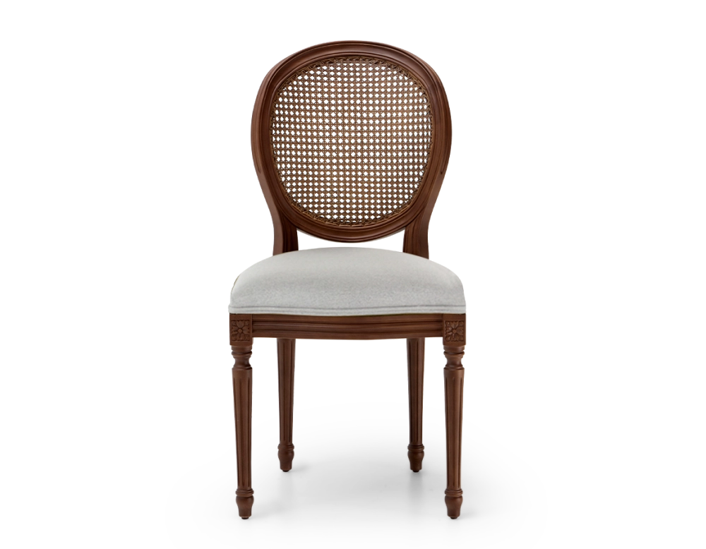 Louis XVI style antique chair dark brown stained wood with cane backrest and light grey fabric seat. Louis XVI style antique chair dark brown stained wood with cane backrest and light grey fabric seat.