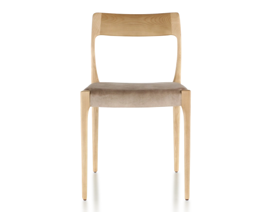 Chaise scandinave bois teinte naturelle assise tissu velours taupe clair