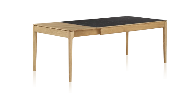 Table extensible 8 à 12 personnes en chêne et céramique allonges bois avec bois teinte naturelle et plateau céramique effet ardoise 210x90 cm