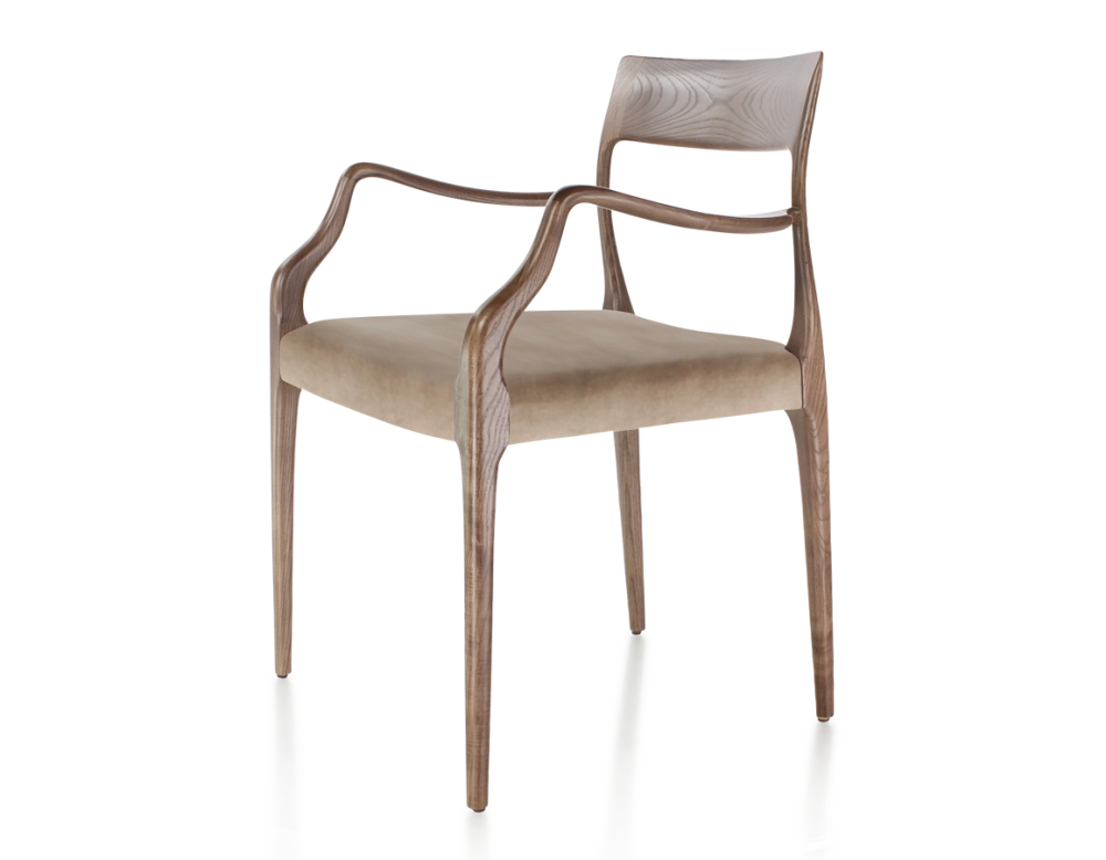 Chaise scandinave avec accoudoirs bois teinte marron foncé assise tissu velours taupe clair Chaise scandinave avec accoudoirs bois teinte marron foncé assise tissu velours taupe clair
