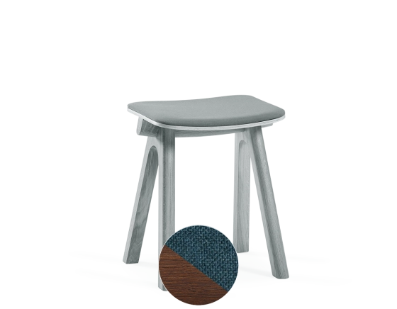 Upholstered oak stool H45 cm dark brown stained wood, ocean blue fabric seat