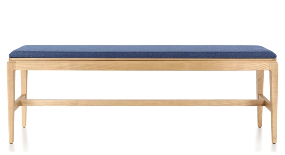 Banc design bois teinte naturelle assise tissu bleu marine L120 cm