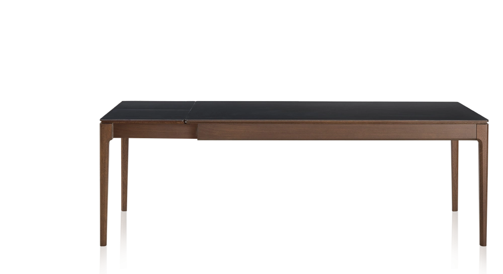 Table extensible 8 à 12 personnes en chêne et céramique allonges céramique avec bois teinte marron foncé et plateau et allonges céramique noire unie 160x100 cm
