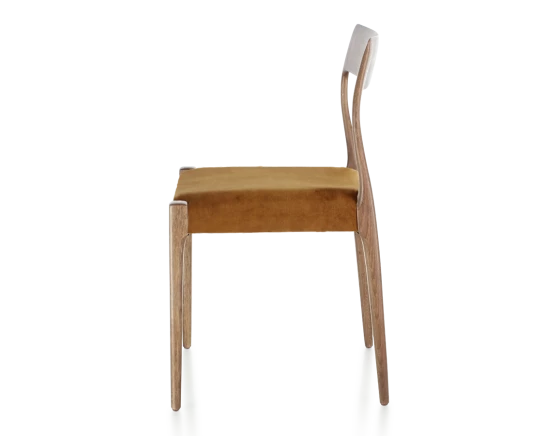 Chaise scandivave bois teinte noyer assise tissu velours bronze