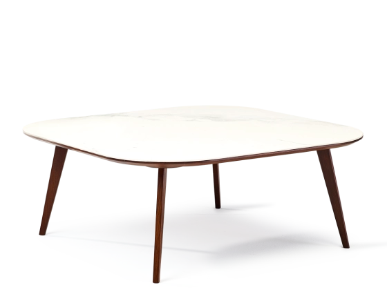 Table basse carré aux angles arrondis F2 en chêne et céramique bois teinte marron foncé plateau céramique effet marbre blanc 90x90x40 cm