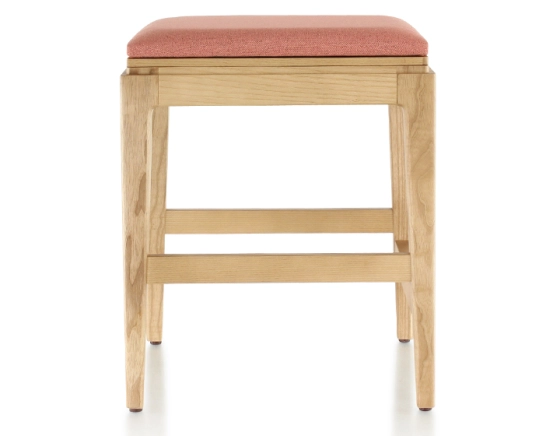 Tabouret design H45 cm bois teinte naturelle assise tissu rose corail