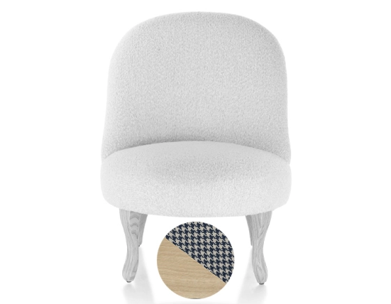 Fauteuil crapaud sans accoudoirs pieds bois teinte naturelle et tissu pied-de-poule bleu et blanc