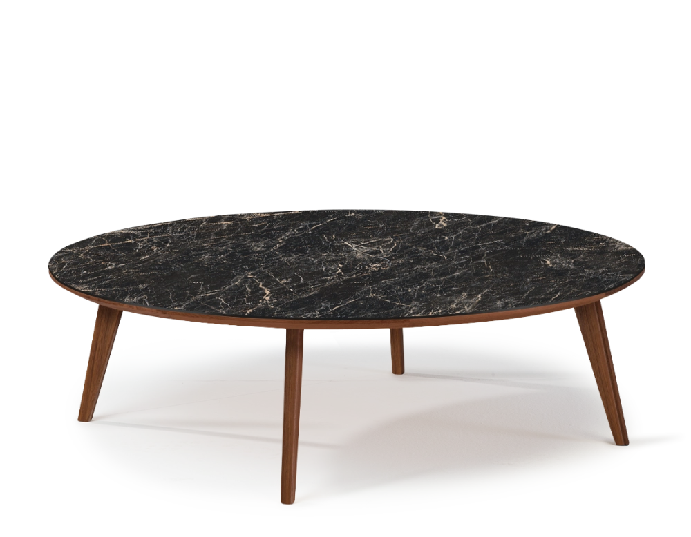 Round walnut and ceramic F1 coffee table natural wood finish tray with black marble-effect ceramic m2. 90x90x40 cm