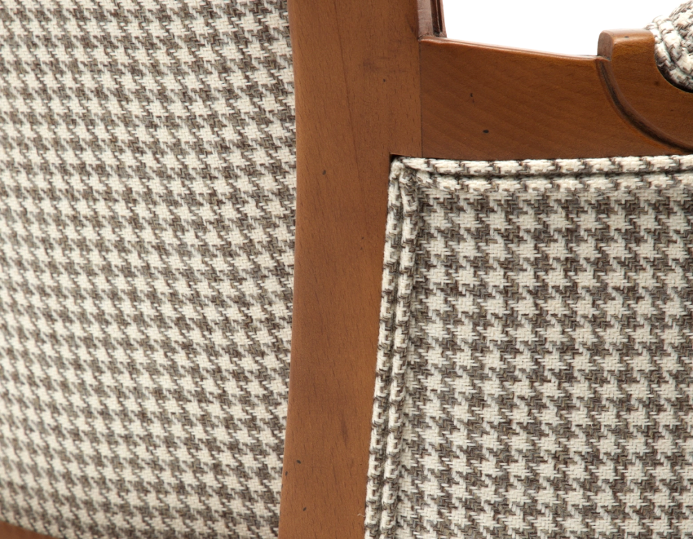 Louis XVI style bergère armchair wood antique stain and white and taupe houndstooth fabric Louis XVI style bergère armchair wood antique stain and white and taupe houndstooth fabric