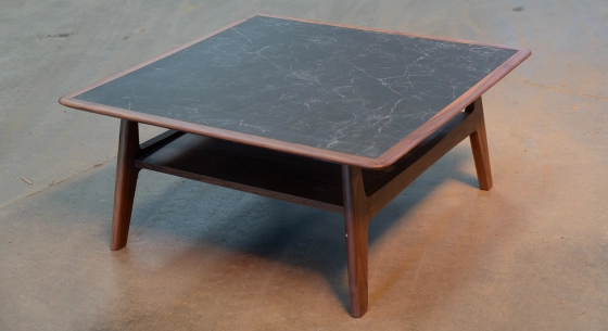 Square walnut and ceramic coffee table natural wood finish with slate effect ceramic top 100x100 cm