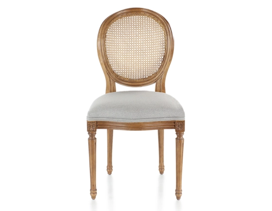 Antique Louis XVI style chair wood stained old caned back light grey fabric seat