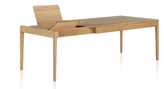 Extendable oak table for 6 to 10 people with natural wood stain top and extensions 140x90 cm