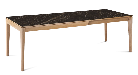 Table extensible 8 à 12 personnes en chêne et céramique allonges céramique avec bois teinte naturelle et plateau et allonges céramique effet marbre noir 180x100 cm