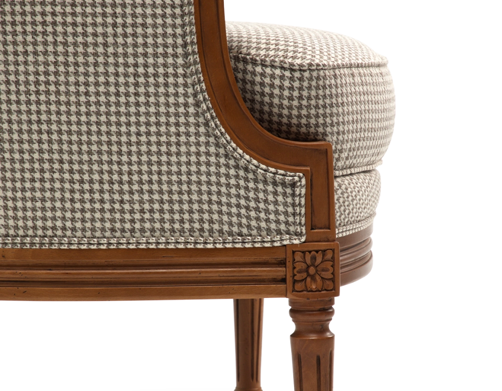 Louis XVI style bergère armchair wood antique stain and white and taupe houndstooth fabric Louis XVI style bergère armchair wood antique stain and white and taupe houndstooth fabric