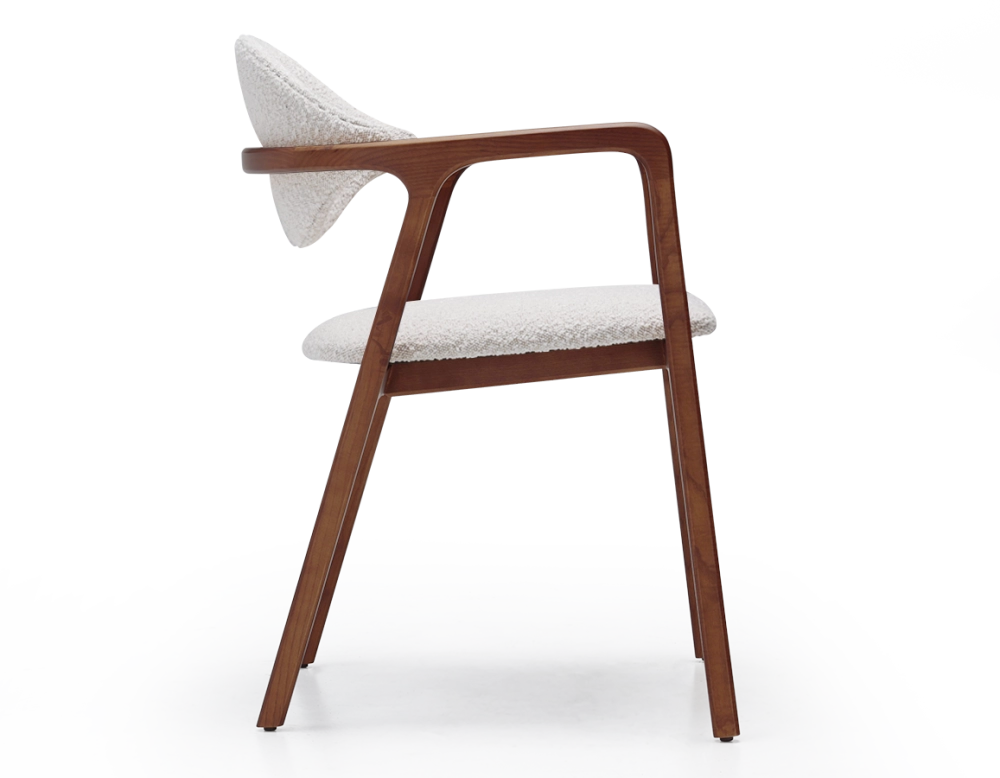 Designer armchair cherry wood stain and white bouclé fabric Designer armchair cherry wood stain and white bouclé fabric