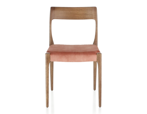 Chaise scandinave bois teinte noyer assise tissu velours rose pâle