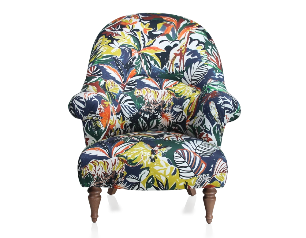 Toad armchair with armrests walnut-stained wooden legs and high-backed jungle fabric Toad armchair with armrests walnut-stained wooden legs and high-backed jungle fabric