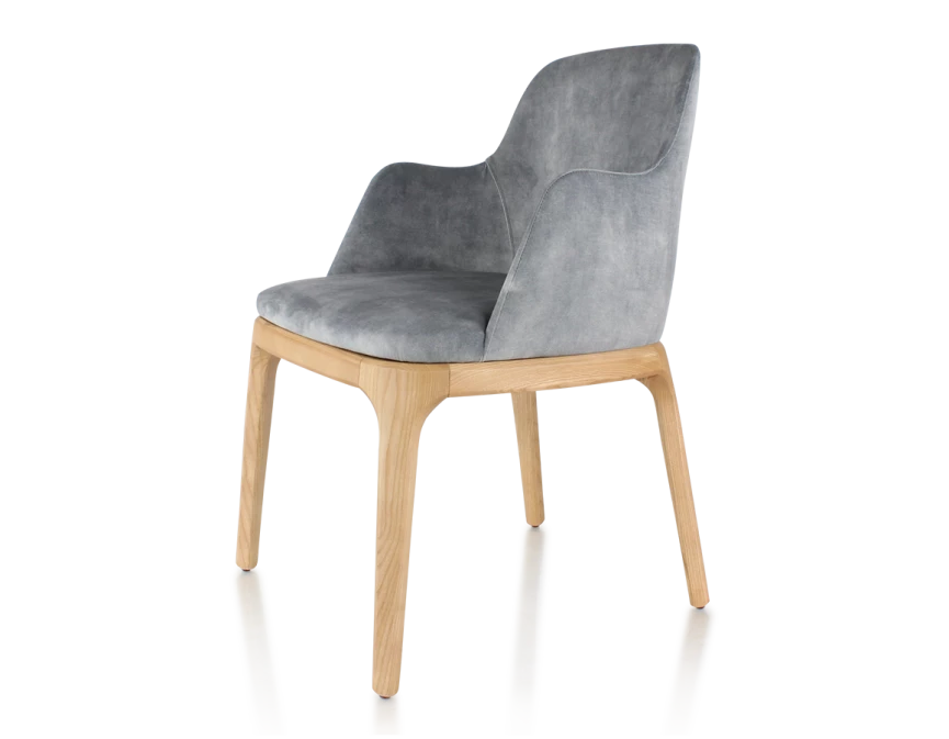Chaise design avec accoudoirs bois teinte naturelle et tissu velours gris